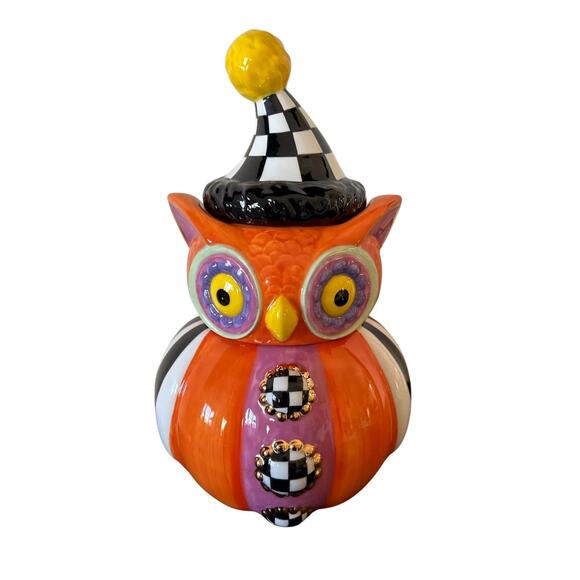Mackenzie Childs Trick or Treat Owl Stacked Candy Dish Ceramic Orange Check New - Picture 7 of 10